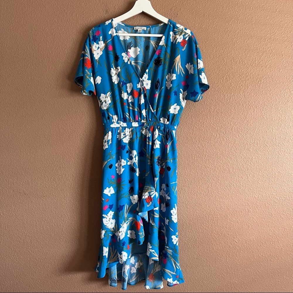 J Crew Mercantile Blue Floral Print Faux Wrap Ruffle Dress Size XS